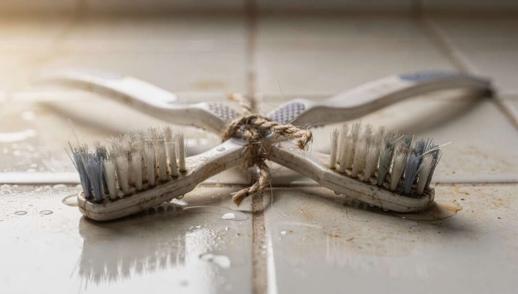 Zwei alte Zahnbürsten zusammengebunden: Der Fugen-Trick, der wirklich funktioniert