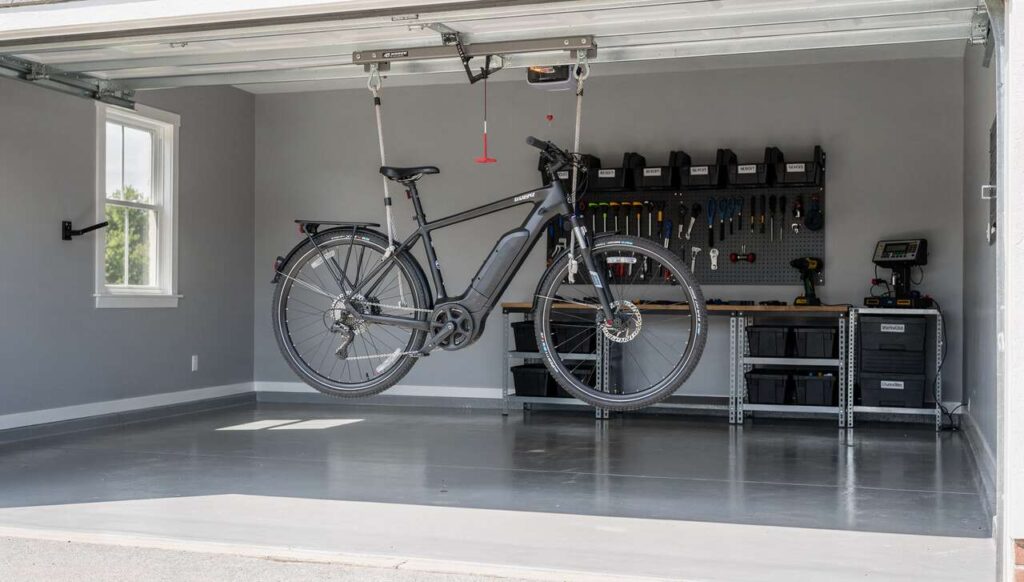 DIY-Maison: Die beste Art von Fahrradlift und die korrekte Deckenmontage in der Garage, um das E-Bike platzsparend und sicher aufzuhängen